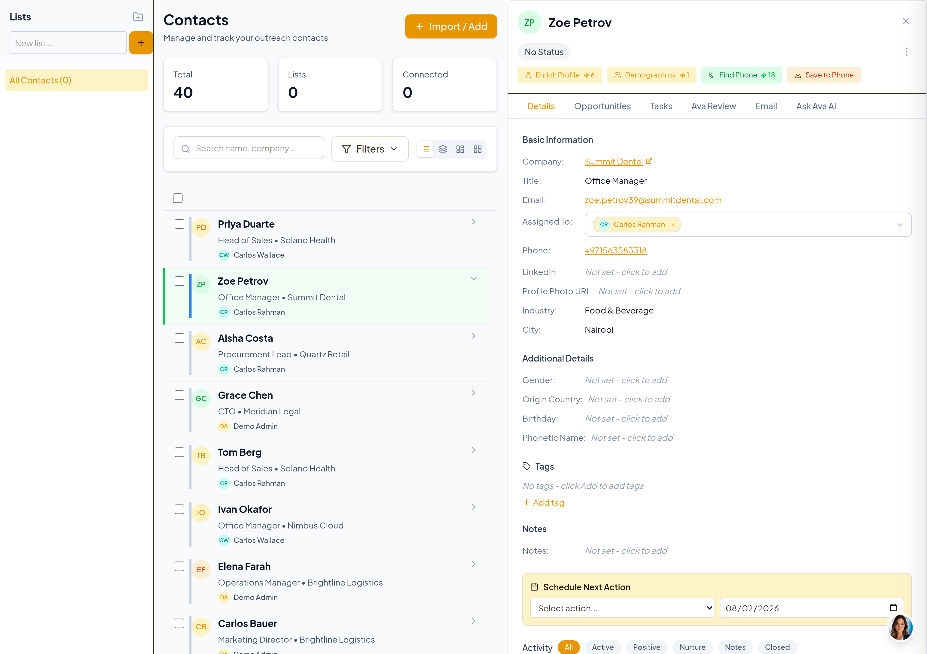 The Clospad contacts list
